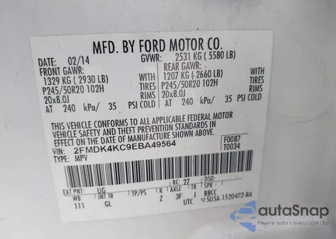 2014 Ford Edge Limited z USA, uszkodzony, nr VIN 2FMDK4KC9EBA49564